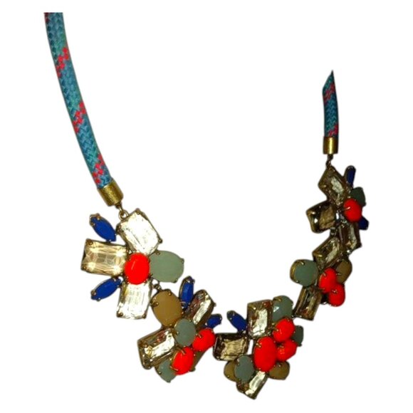 J. CREW Signed Vintage Chunky Blue Orange Rhinestone Floral Necklace Gold Tone - Picture 6 of 16